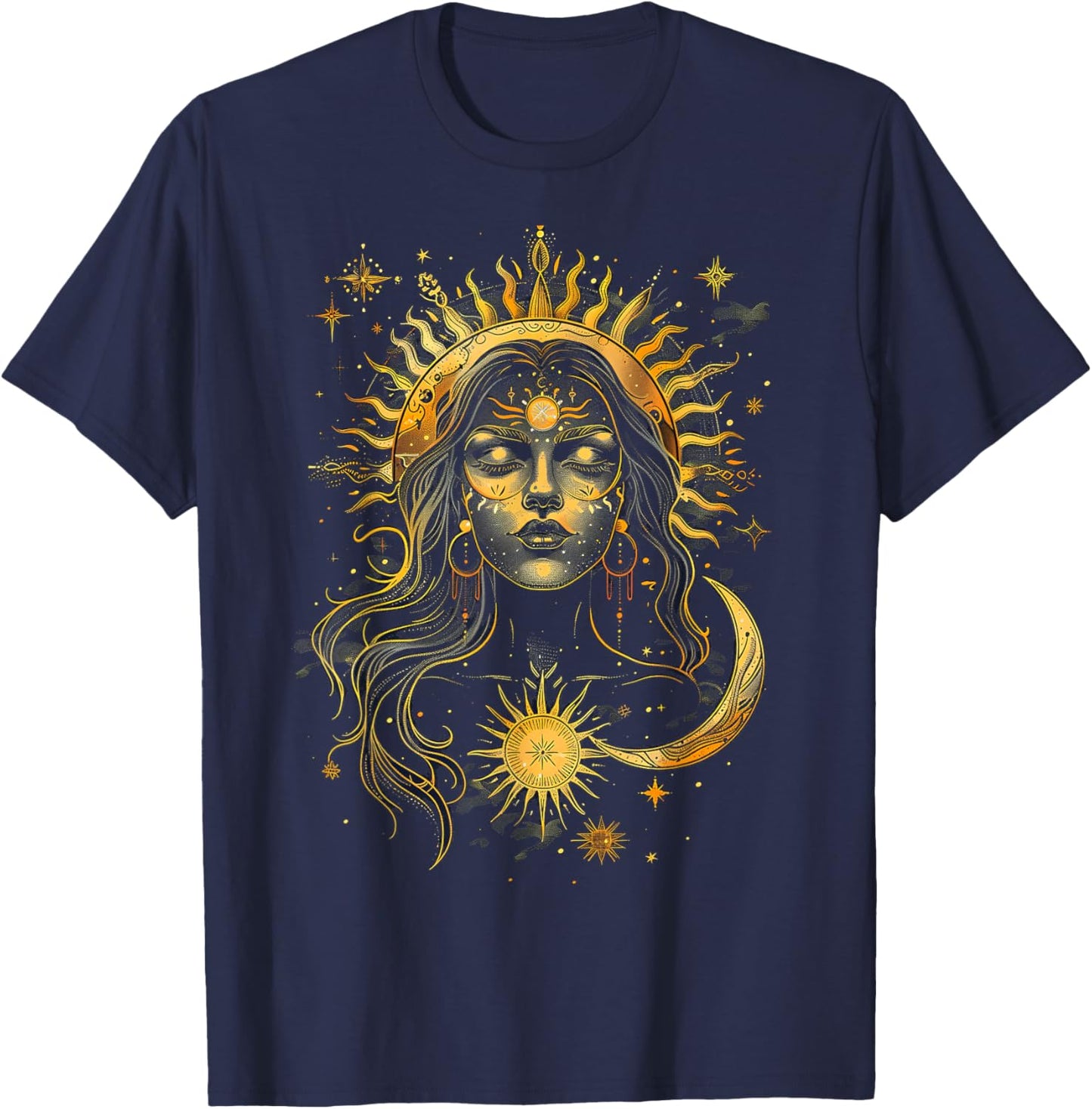 Mystic Sun and Moon Woman Mystical Flowers Aesthetic T-Shirt - T-Shirt | Navy