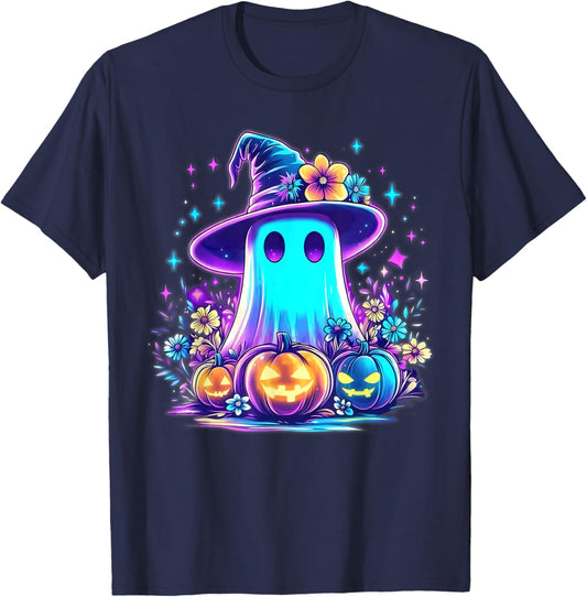 Pastel Galaxy Ghost Halloween Girl Kids Ghost Coquette Bow T-Shirt - T-Shirt | Navy