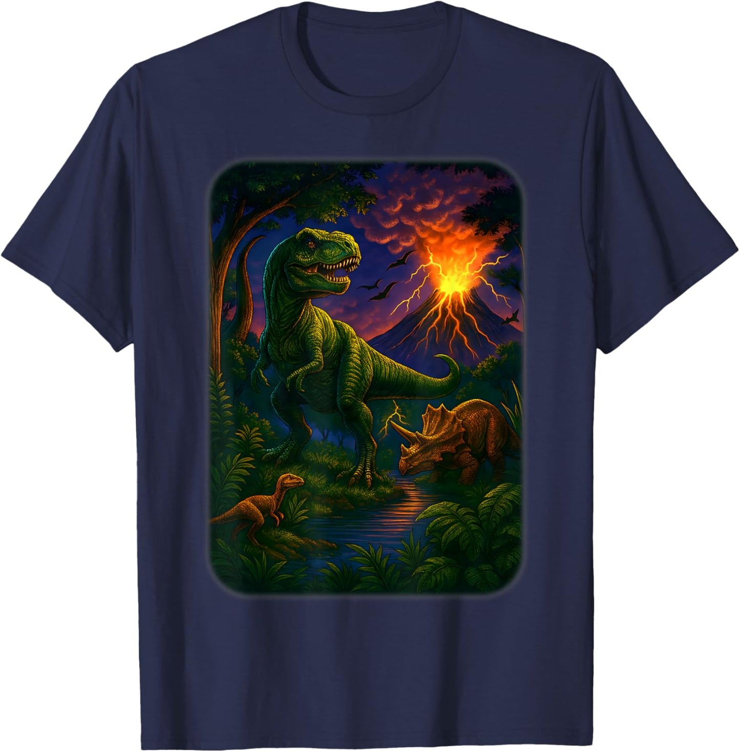 Vintage Dinosaur 90s T Rex and Triceratops Volcano Nature T-Shirt - T-Shirt | Navy