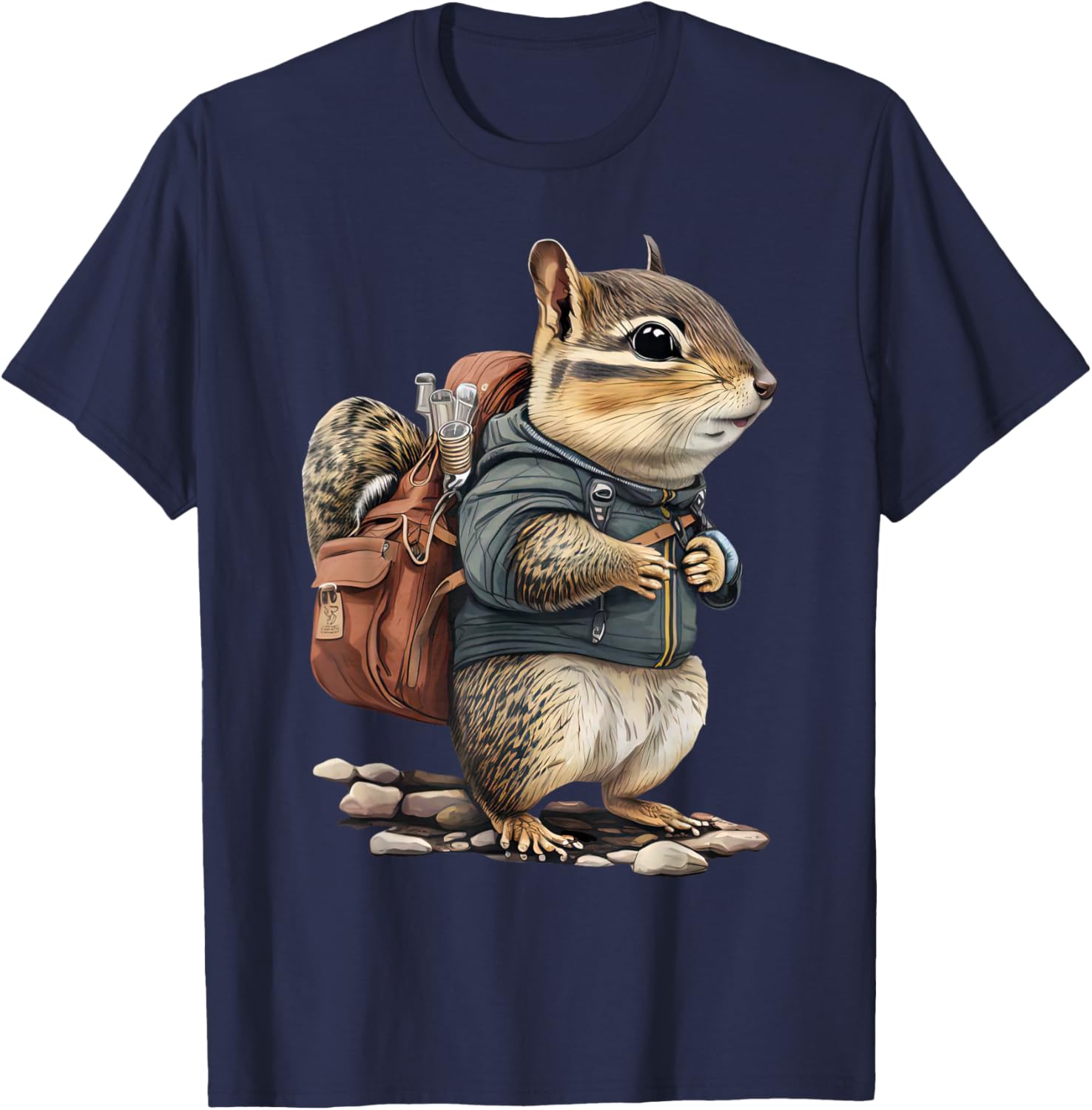 Chipmunk Wearing Backpack Hiking Camping Adventure Nature T-Shirt - T-Shirt | Navy