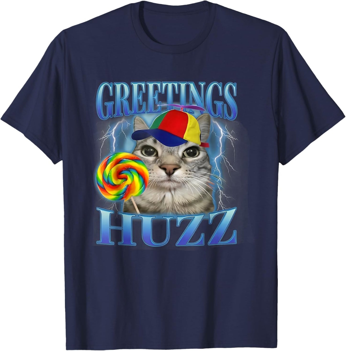 Greetings Huzz Silly Cat with Propeller Hat T-Shirt - T-Shirt | Navy