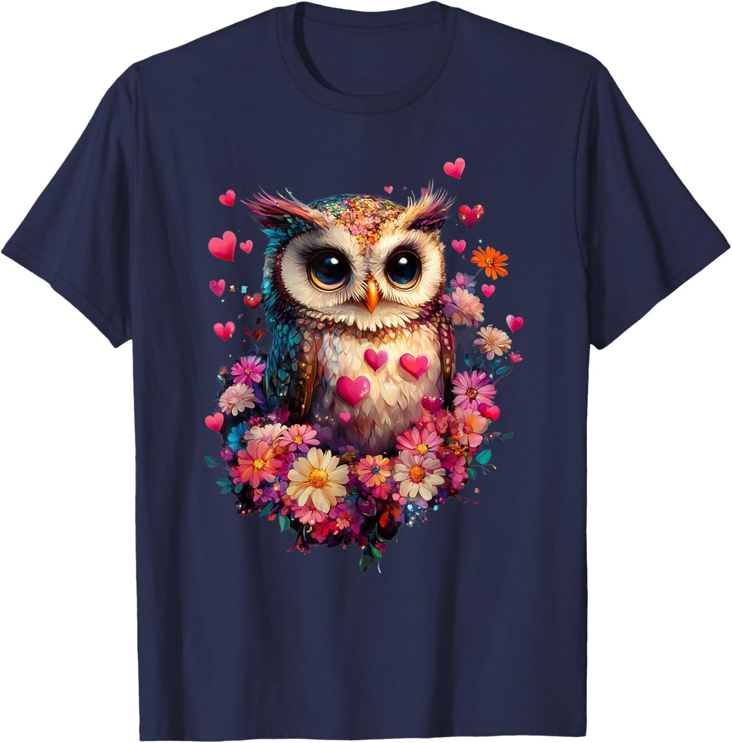 Owl Hearts and Flowers Graphic Valentines Day T-Shirt - T-Shirt | Navy