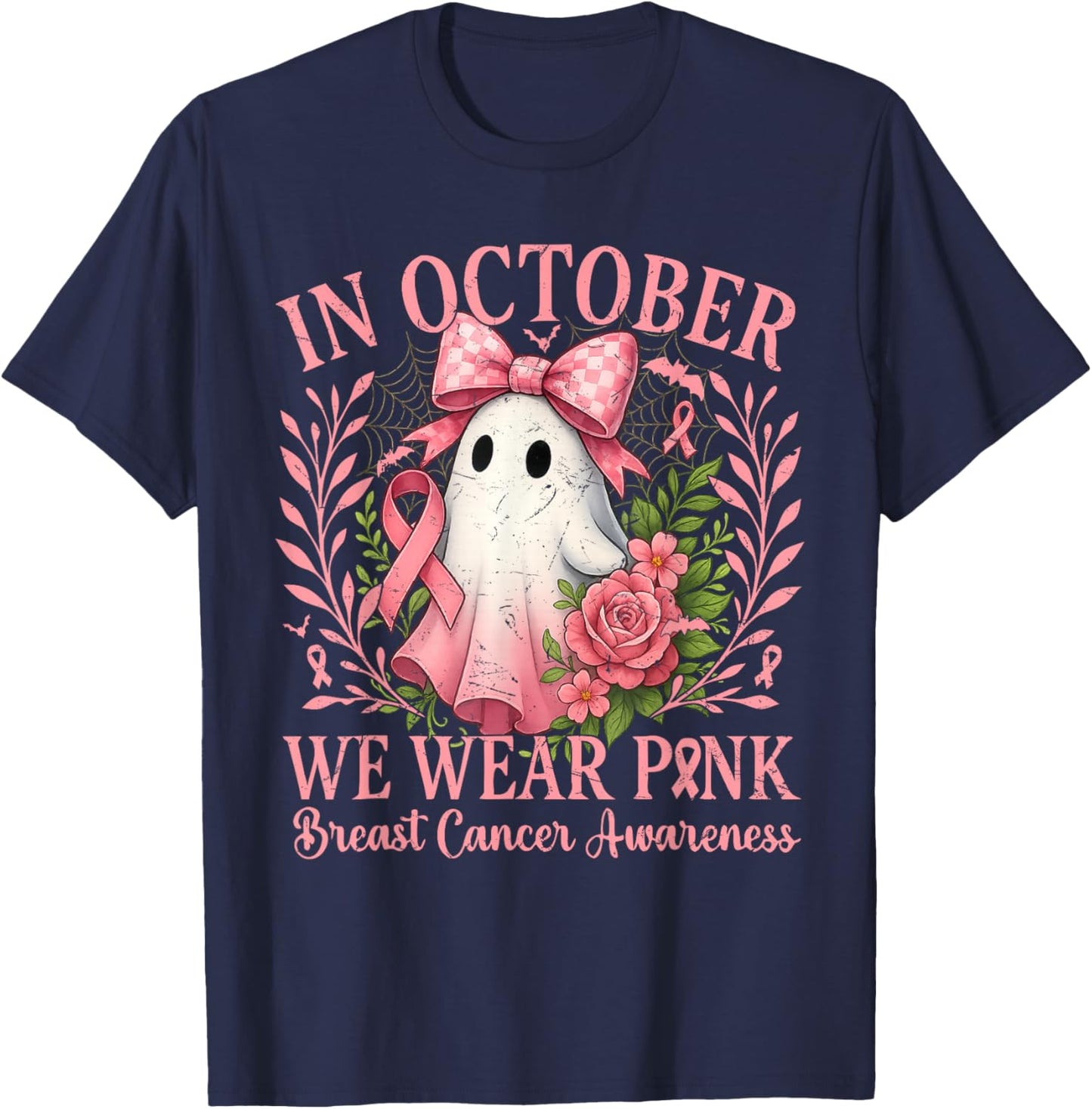 in October We Wear Pink Ghost with Flowers Breast Cancer T-Shirt - T-Shirt | Navy