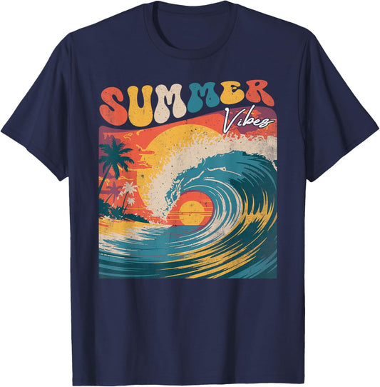 Hello Summer Vibes Groovy Hawaiian Surf Island Wavy Hawaii T-Shirt - T-Shirt | Navy