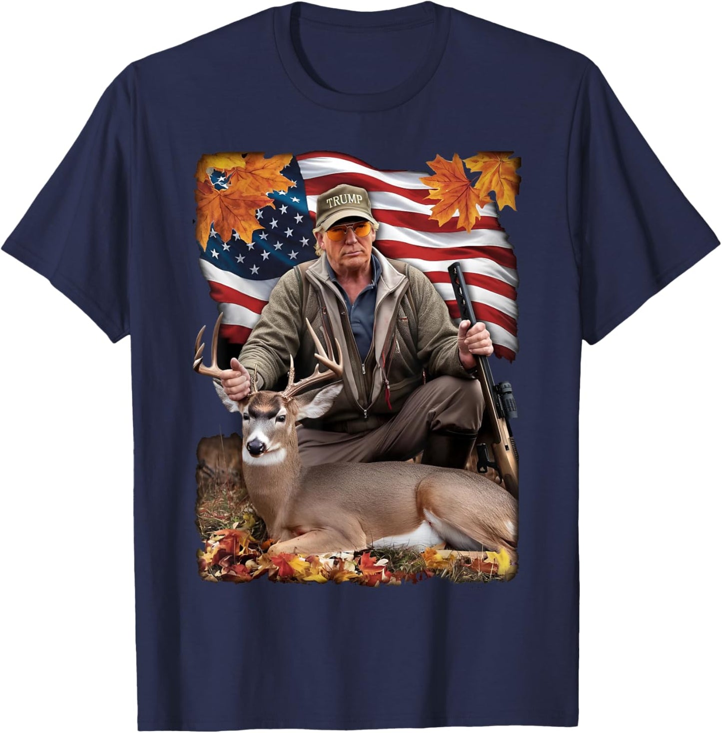 Vintage USA Flag Trump Hunting Deer Hunting Deer Season T-Shirt - T-Shirt | Navy