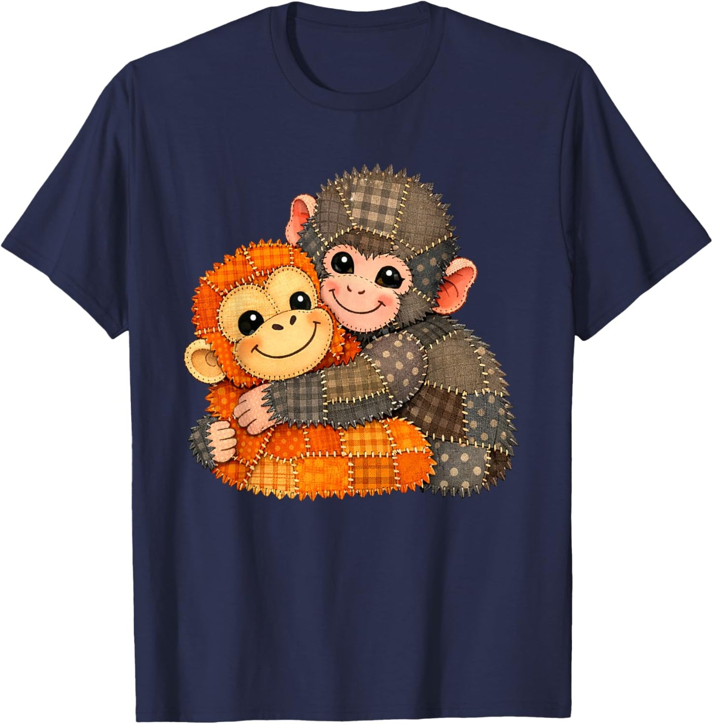 Cute Baby Monkey Plush Hugging Mother Animal Art Emotional T-Shirt - T-Shirt | Navy