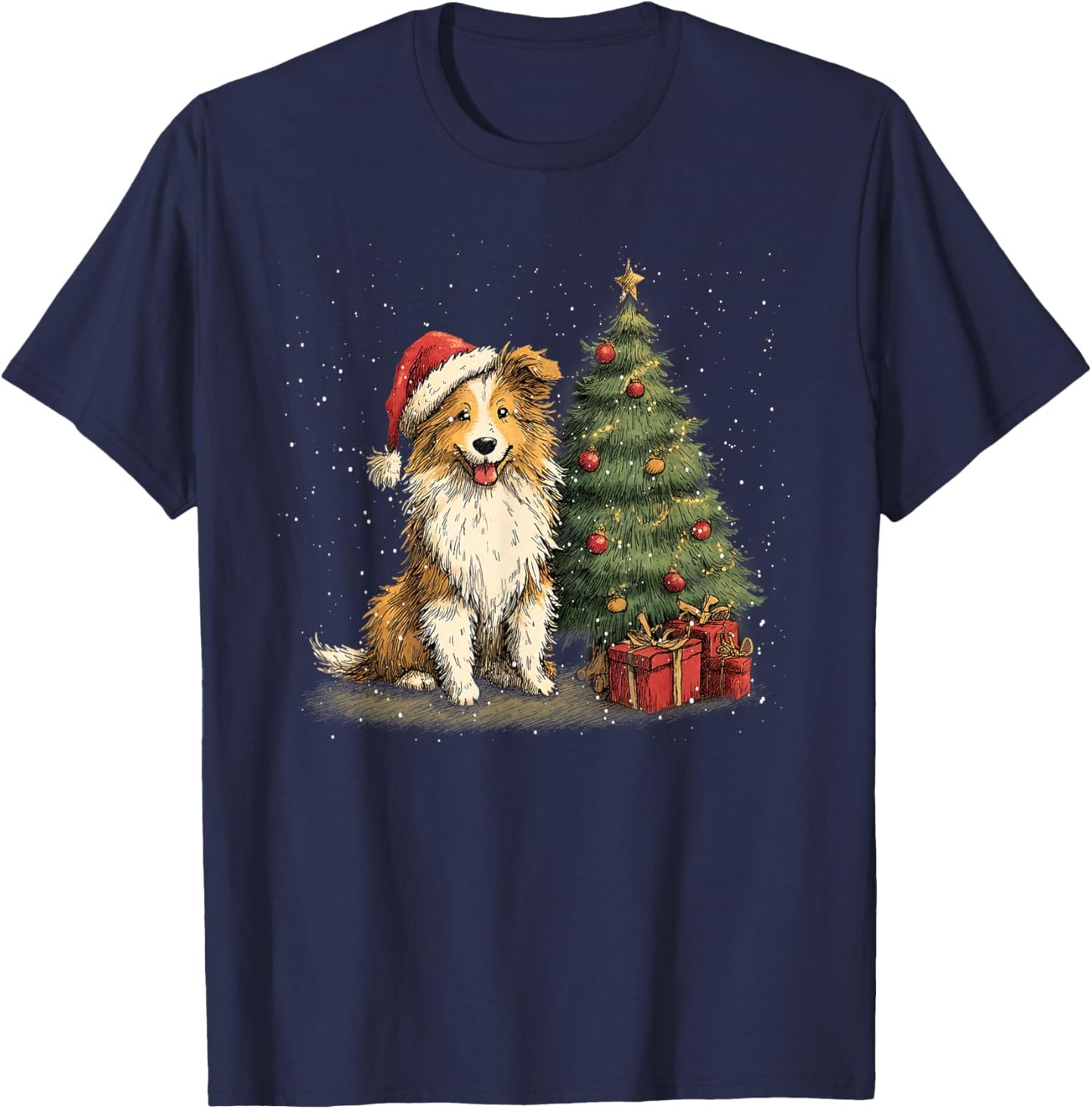 Funny Shetland Sheepdog Christmas Tree Dog Lights Xmas T-Shirt - T-Shirt | Navy