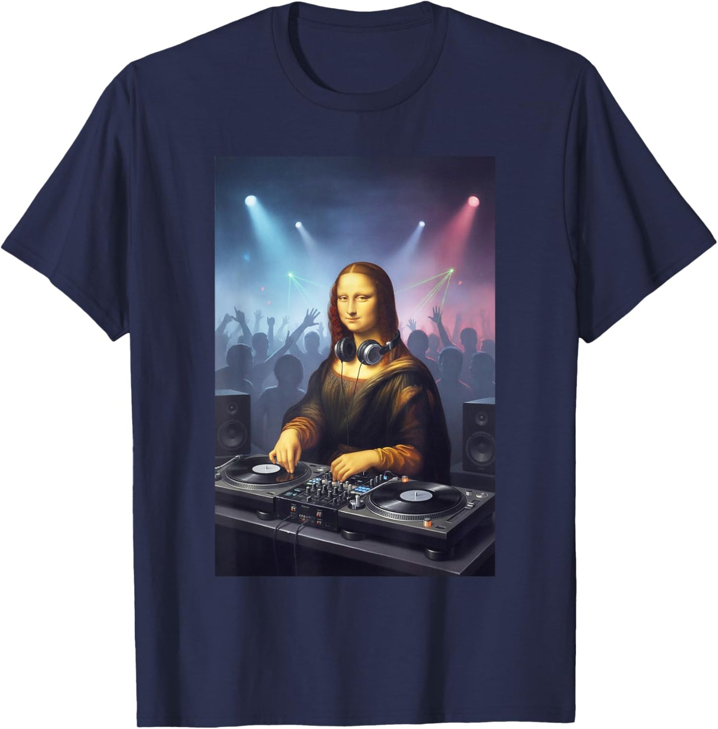 Funny Parody Mona Lisa DJ Party Crowd Art Design T-Shirt - T-Shirt | Navy