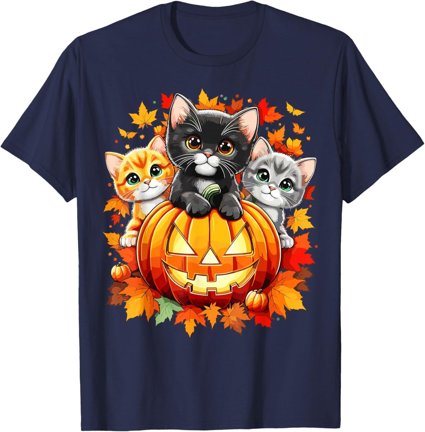 Halloween Cats Pumpkin Autumn Cat T-Shirt - T-Shirt | Navy