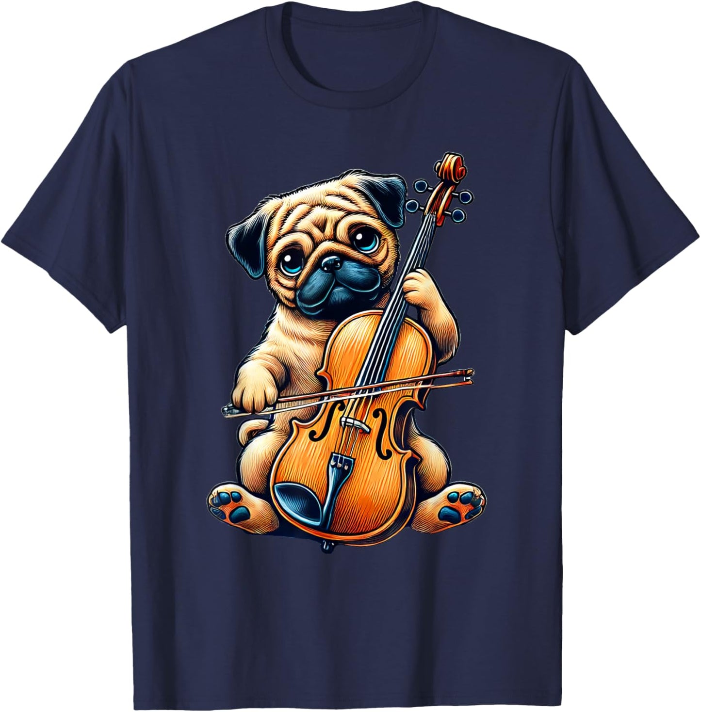 Cute Dog Pug Playing Cello Musician Music T-Shirt - T-Shirt | Navy
