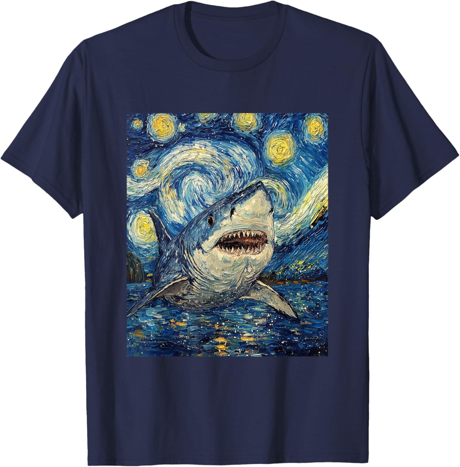Funny Shark - Van Gogh Style - Starry Night T-Shirt - T-Shirt | Navy