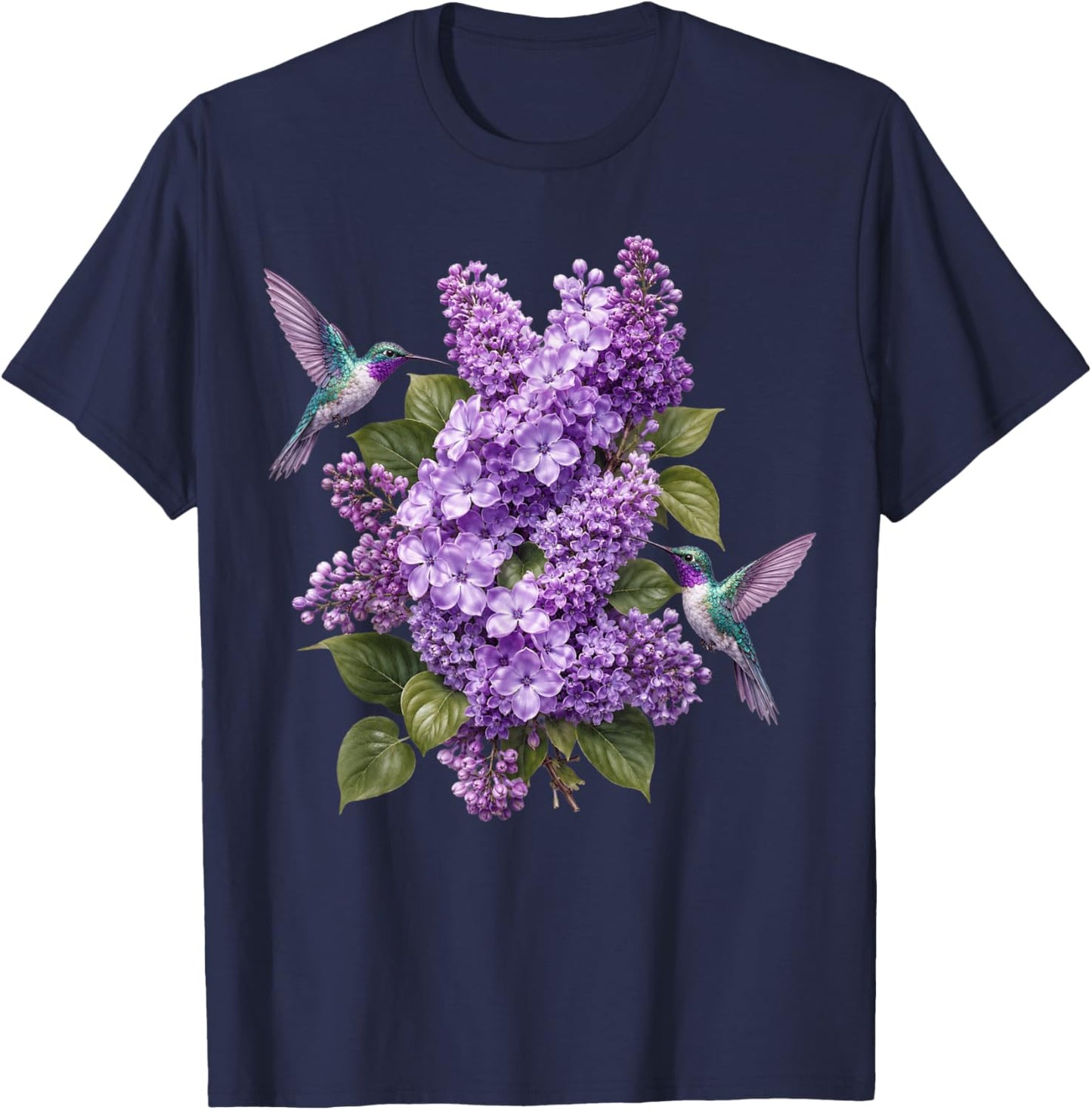 Hummingbird Lilac Floral Purple Flowers Botanical Garden T-Shirt - T-Shirt | Navy