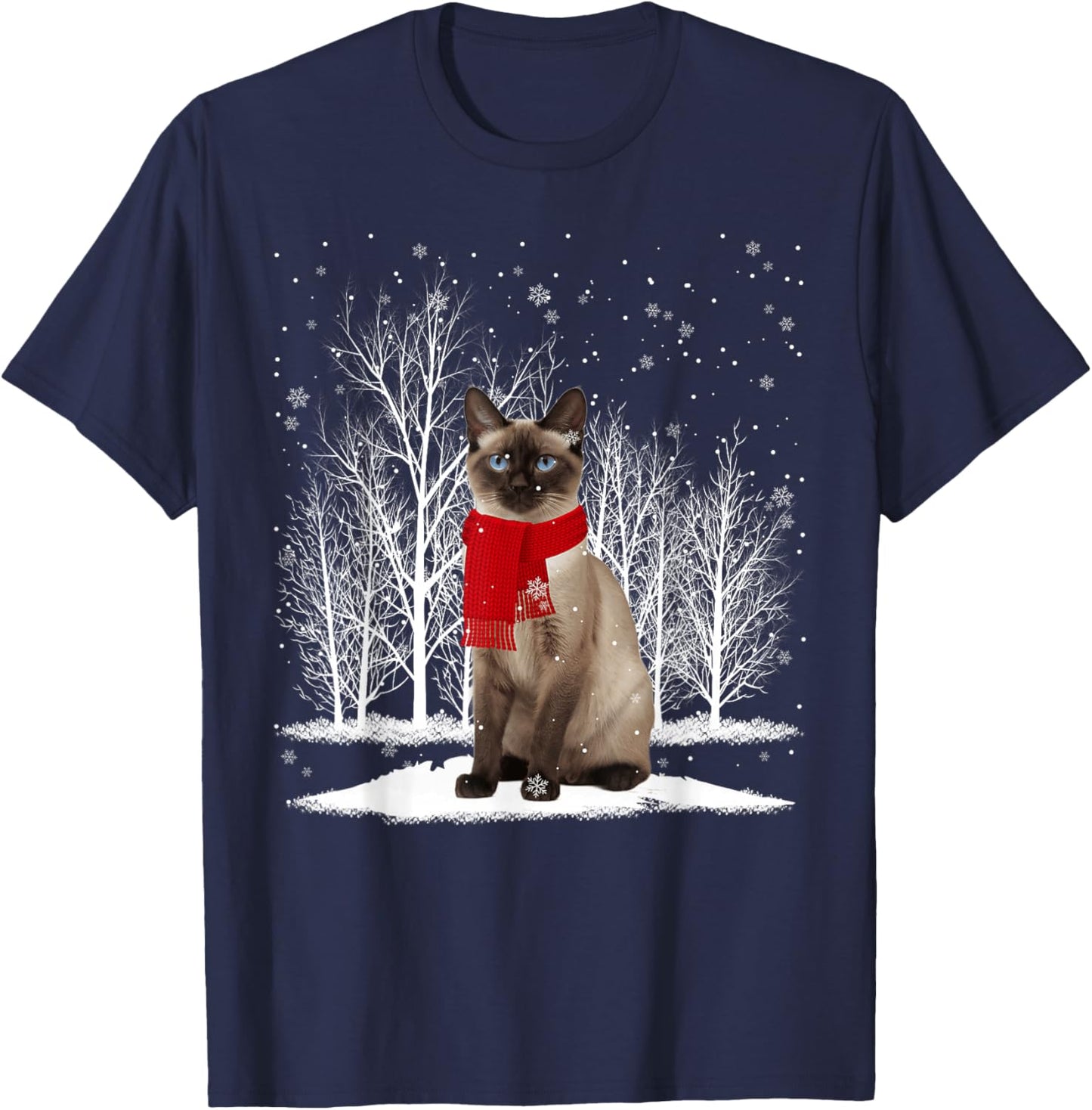 Funny Siamese Cat Wearing Ugly Christmas Sweater Scarf Xmas T-Shirt - T-Shirt | Navy
