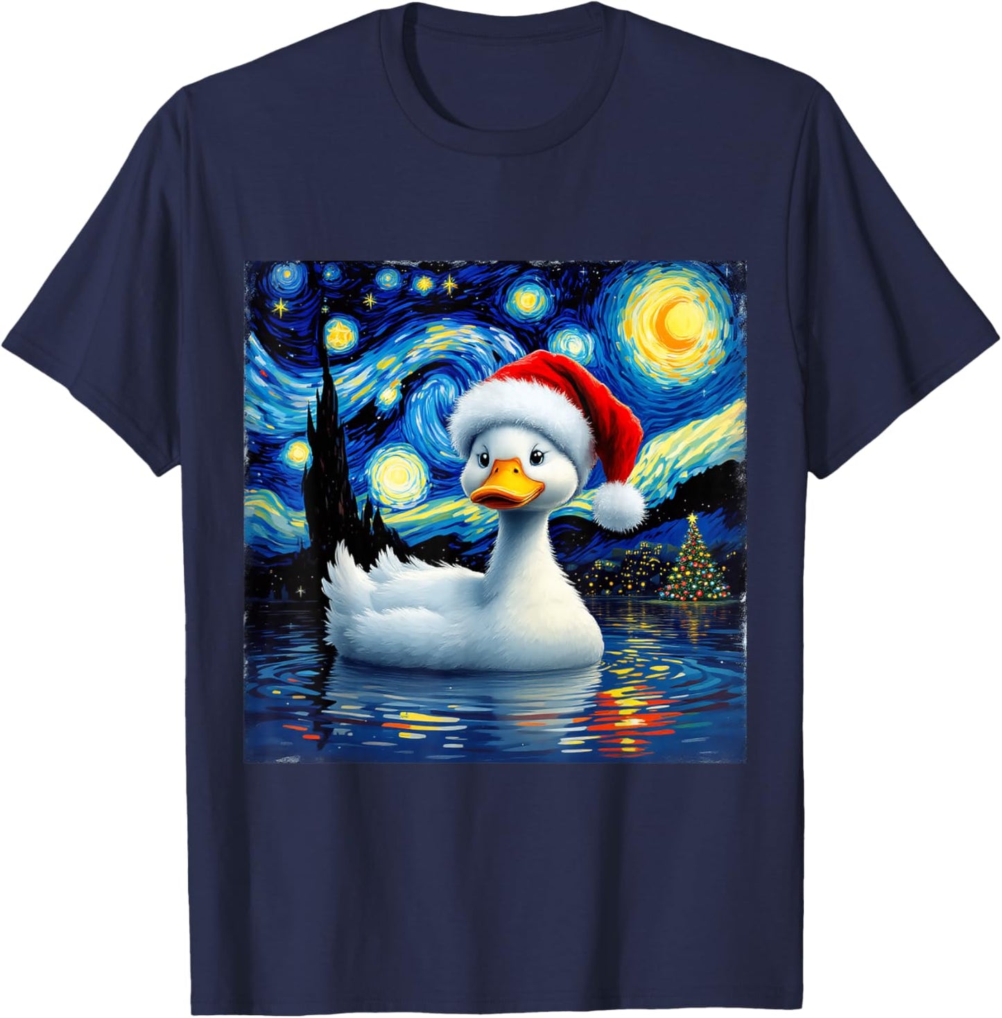 Christmas Duck Santa Hat Van Gogh Starry Night Holiday T-Shirt - T-Shirt | Navy