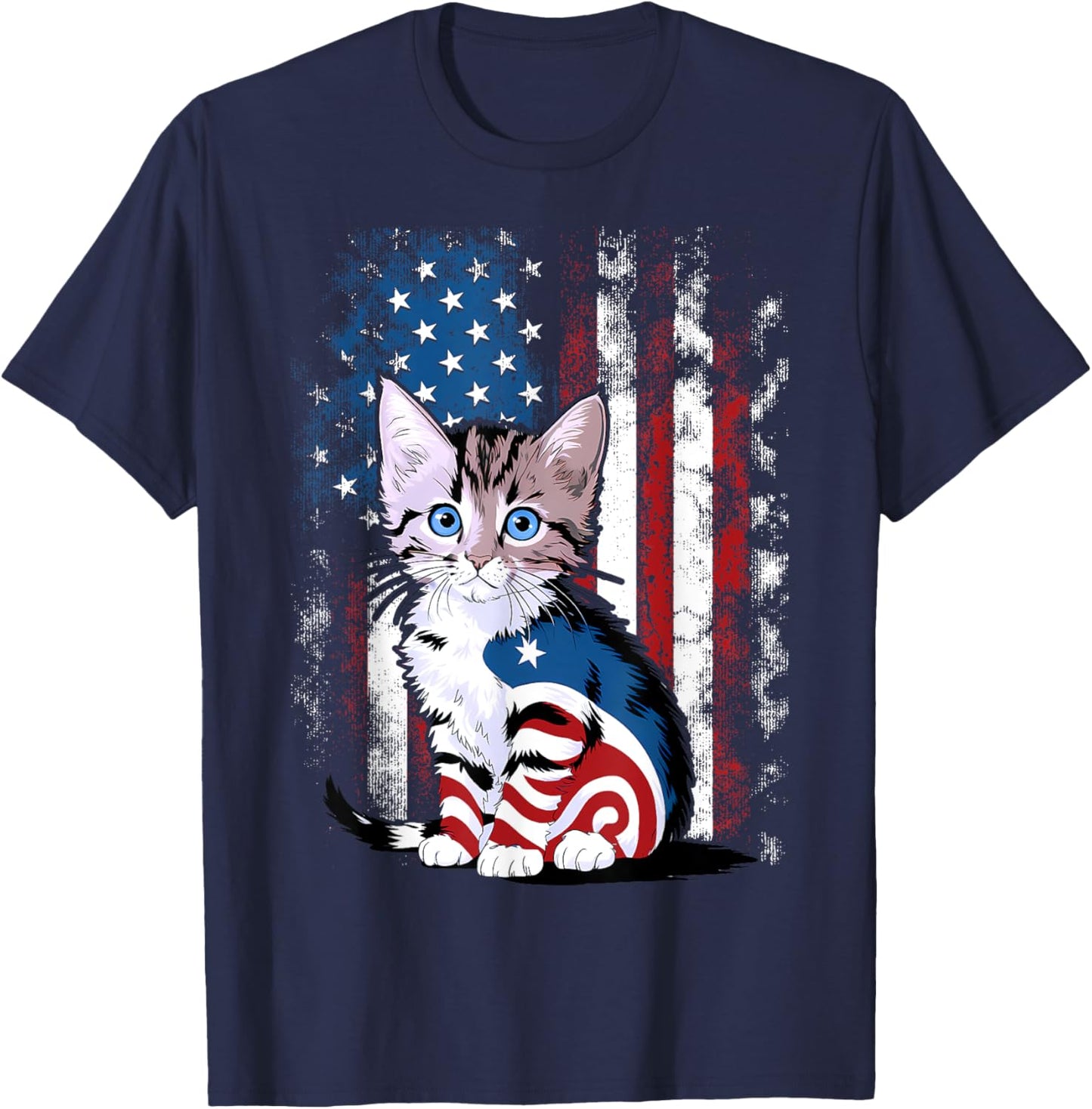 Memorial Day Cat Funny Kitten 4th of July Patriotic Usa Flag T-Shirt - T-Shirt | Navy