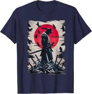 Japanese Anime Art Lone Samurai with Red Sun and Crows T-Shirt - T-Shirt | Navy