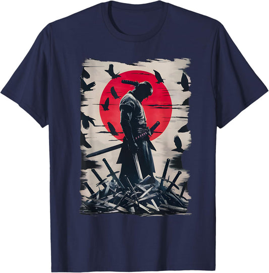 Japanese Anime Art Lone Samurai with Red Sun and Crows T-Shirt - T-Shirt | Navy