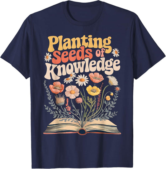 Planting Seeds of Knowledge Appreciation Groovy Wildflower T-Shirt - T-Shirt | Navy