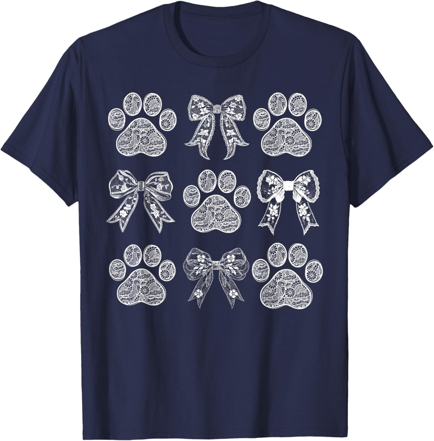 Lace Dog Coquette Bow Dog Paw Print Cat Dog Mom Mother's Day T-Shirt - T-Shirt | Navy