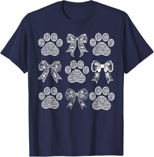 Lace Dog Coquette Bow Dog Paw Print Cat Dog Mom Mother's Day T-Shirt - T-Shirt | Navy