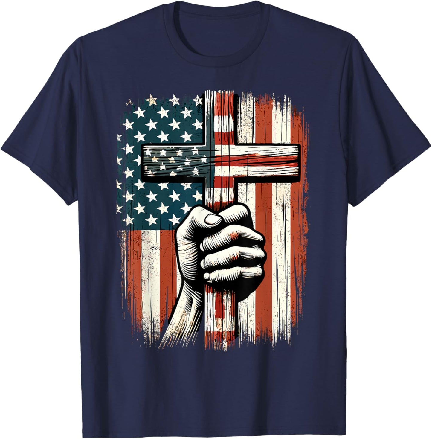 American USA Flag Christian Cross Jesus 4th of July T-Shirt - T-Shirt | Navy