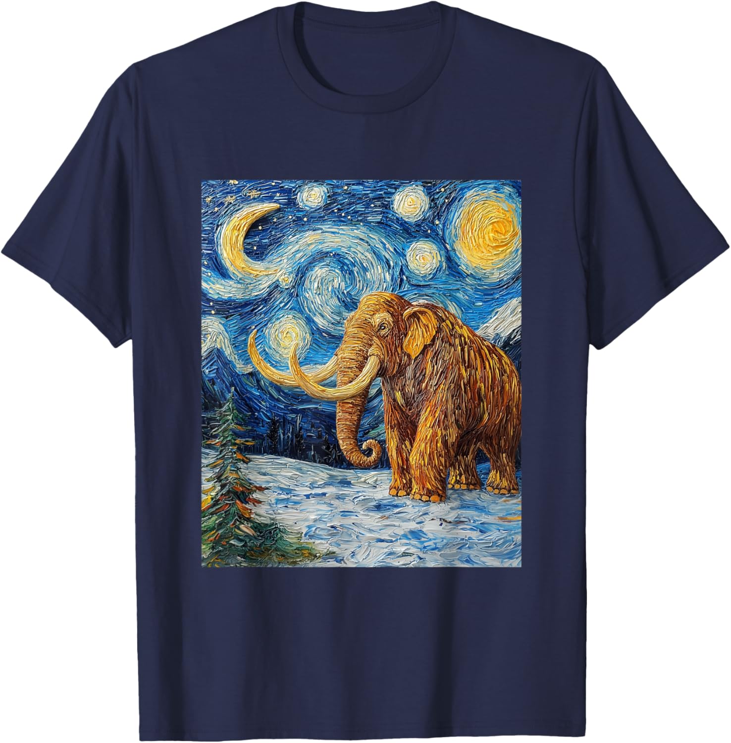 Woolly Mammoth Ice Age - Van Gogh Style - Starry Night T-Shirt - T-Shirt | Navy