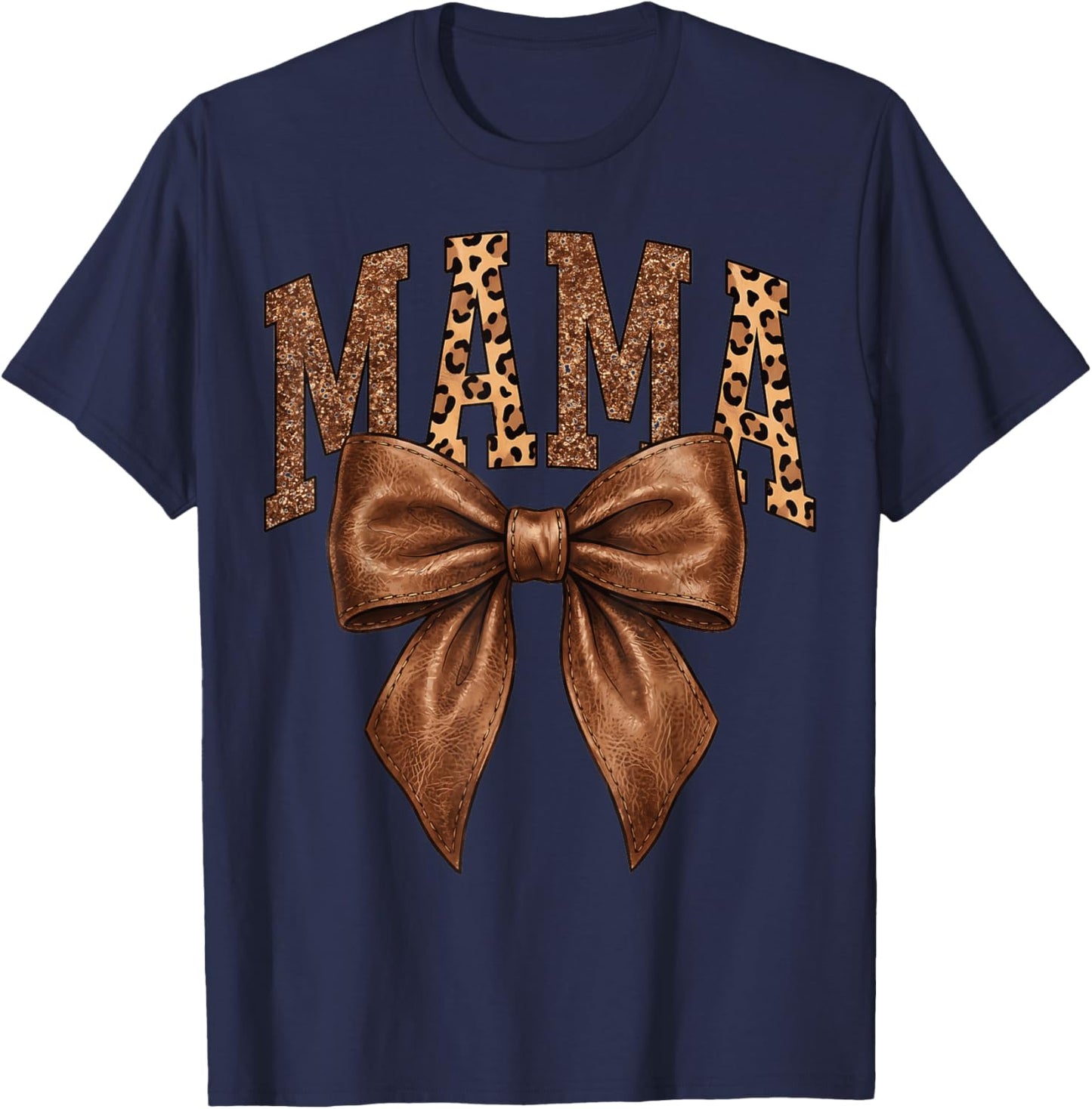 Mama Mother Leopard Cheetah Pattern with Cute Brown Bow T-Shirt - T-Shirt | Navy