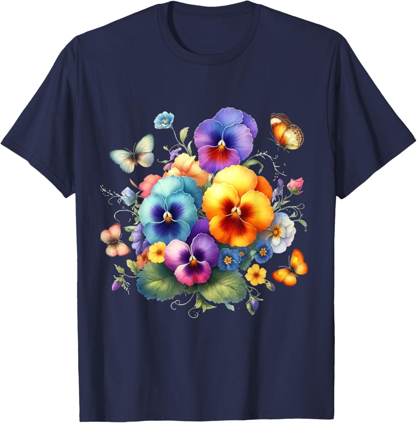 Multicolored Pansies and Delicate Butterflies Shapes Mania T-Shirt - T-Shirt | Navy