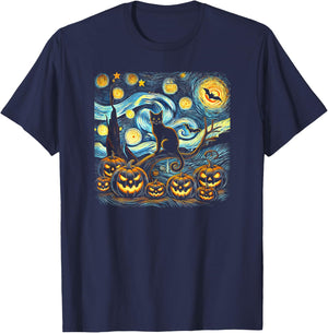 Halloween Van Gogh Starry Night Pumpkin Black Cat Costume T-Shirt - T-Shirt | Navy