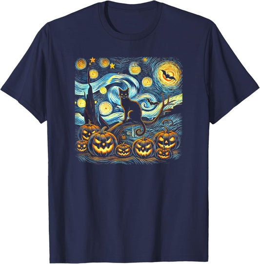 Halloween Van Gogh Starry Night Pumpkin Black Cat Costume T-Shirt - T-Shirt | Navy