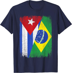 Half Cuba Brazil Flag Cuban Brazilian Pride Roots T-Shirt - T-Shirt | Navy