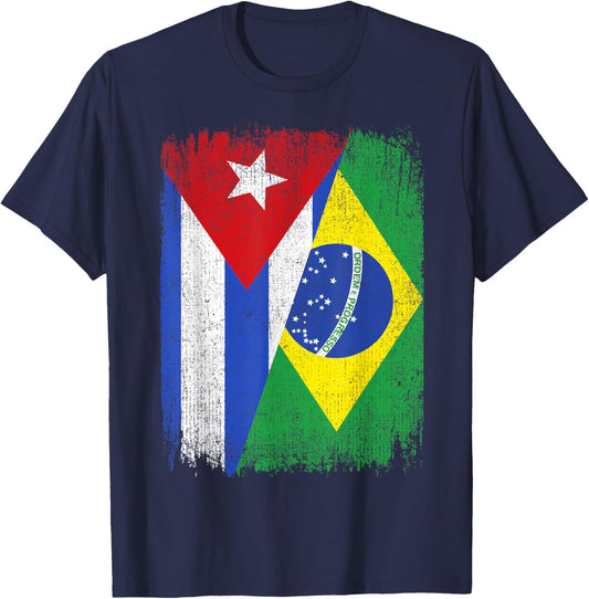 Half Cuba Brazil Flag Cuban Brazilian Pride Roots T-Shirt - T-Shirt | Navy