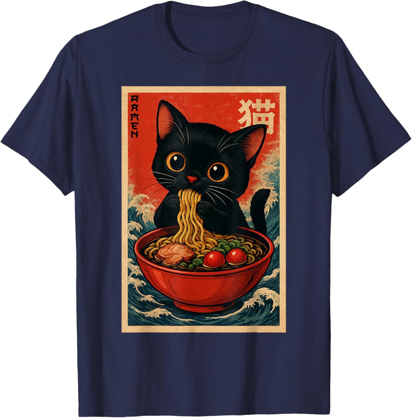Kawaii Anime Cat Ramen Japanese Graphic Men Women Teens T-Shirt - T-Shirt | Navy
