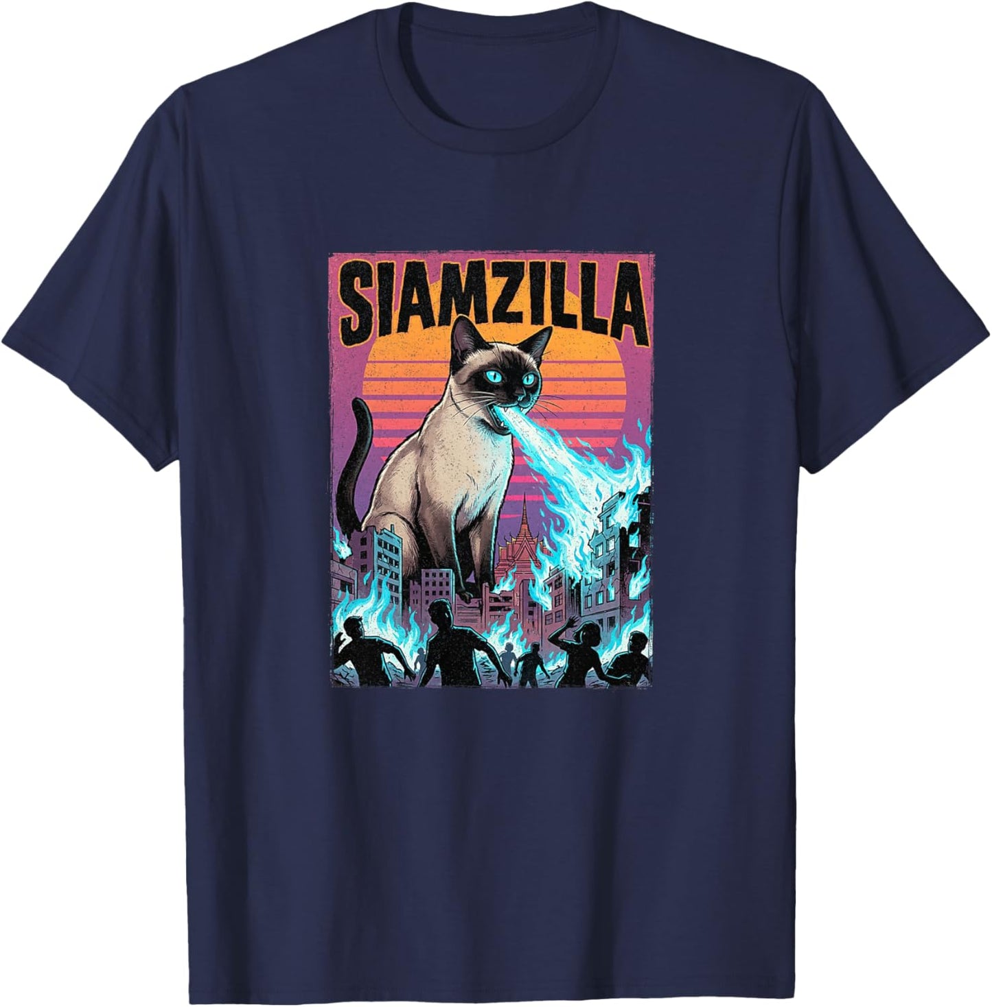 Siamzilla Chat Siamois Thaïlande – Coucher de Soleil Mignon Catzilla Haut de Gamme T-Shirt - T-Shirt | Navy