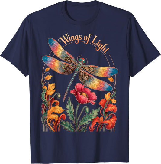 Cute Cottagecore Dragonfly & Flowers Whimsical Art Florals T-Shirt - T-Shirt | Navy