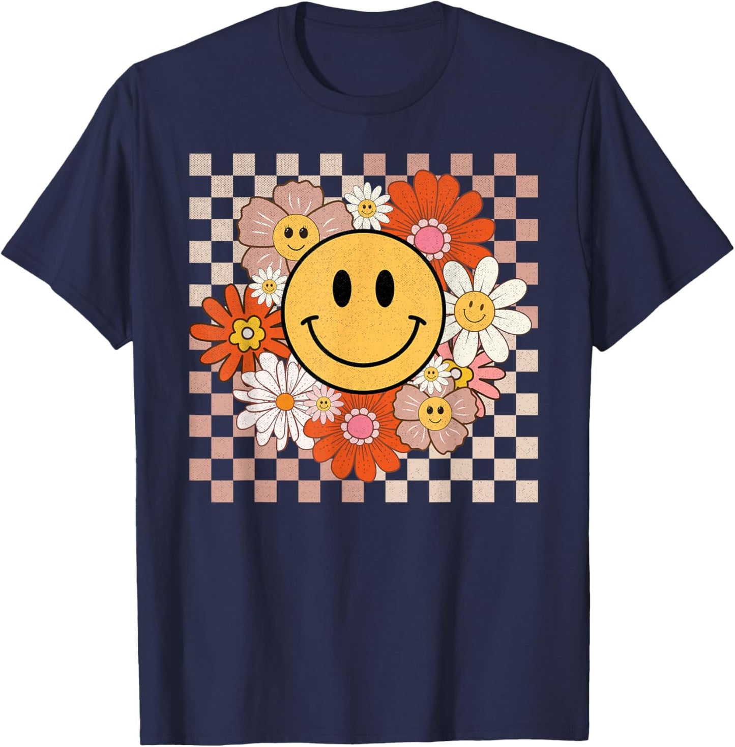 Retro Groovy Smile Happy Face Flowers Checkered 70s Hippie T-Shirt - T-Shirt | Navy