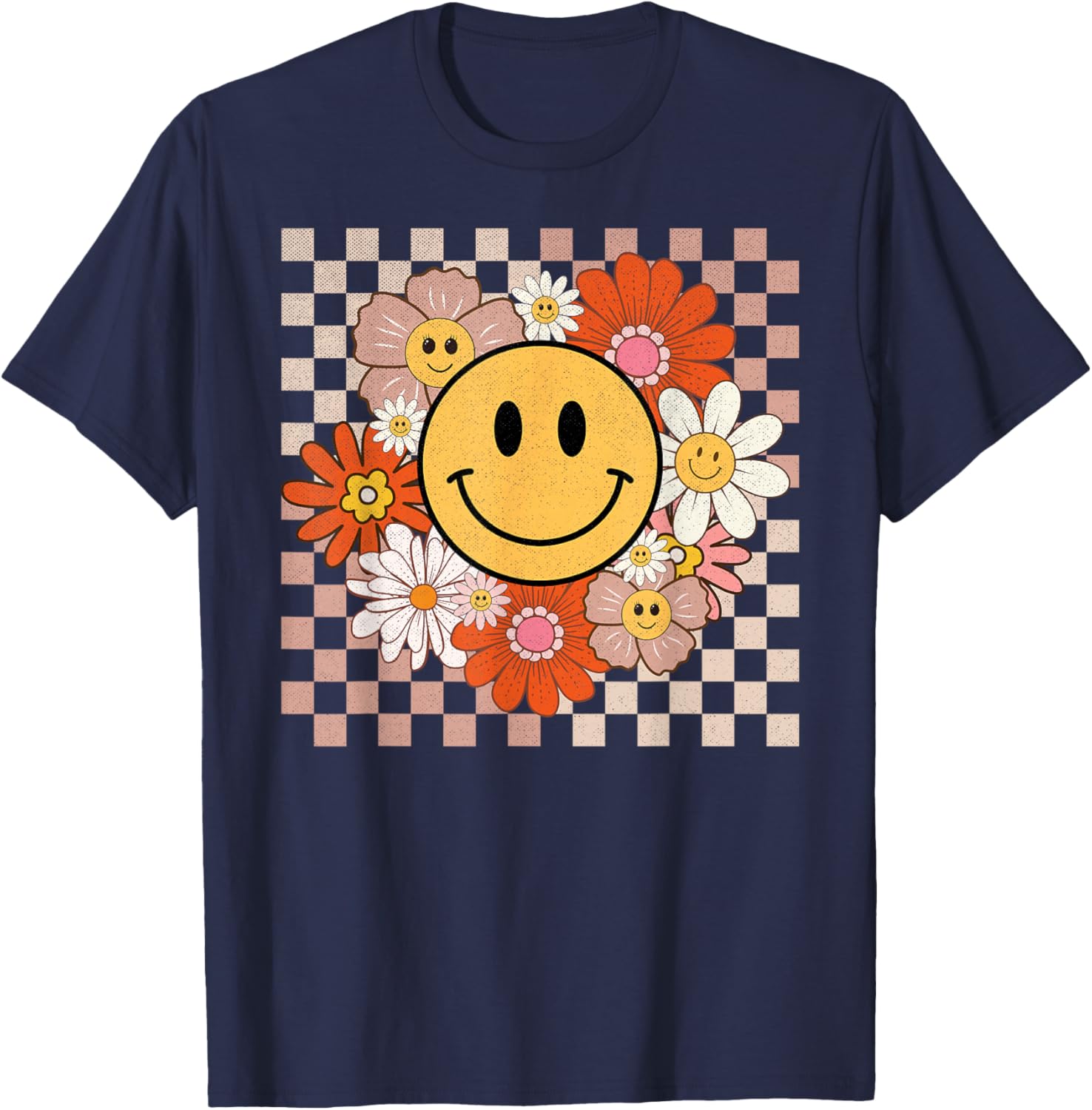 Retro Groovy Smile Happy Face Flowers Checkered 70s Hippie T-Shirt - T-Shirt | Navy