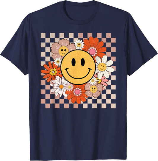 Retro Groovy Smile Happy Face Flowers Checkered 70s Hippie T-Shirt - T-Shirt | Navy