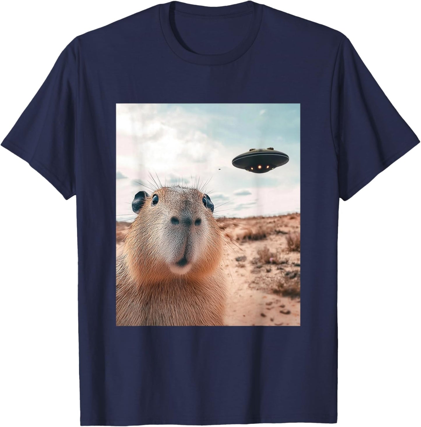 Capybara Selfie with UFOs Funny Graphic T-Shirt - T-Shirt | Navy