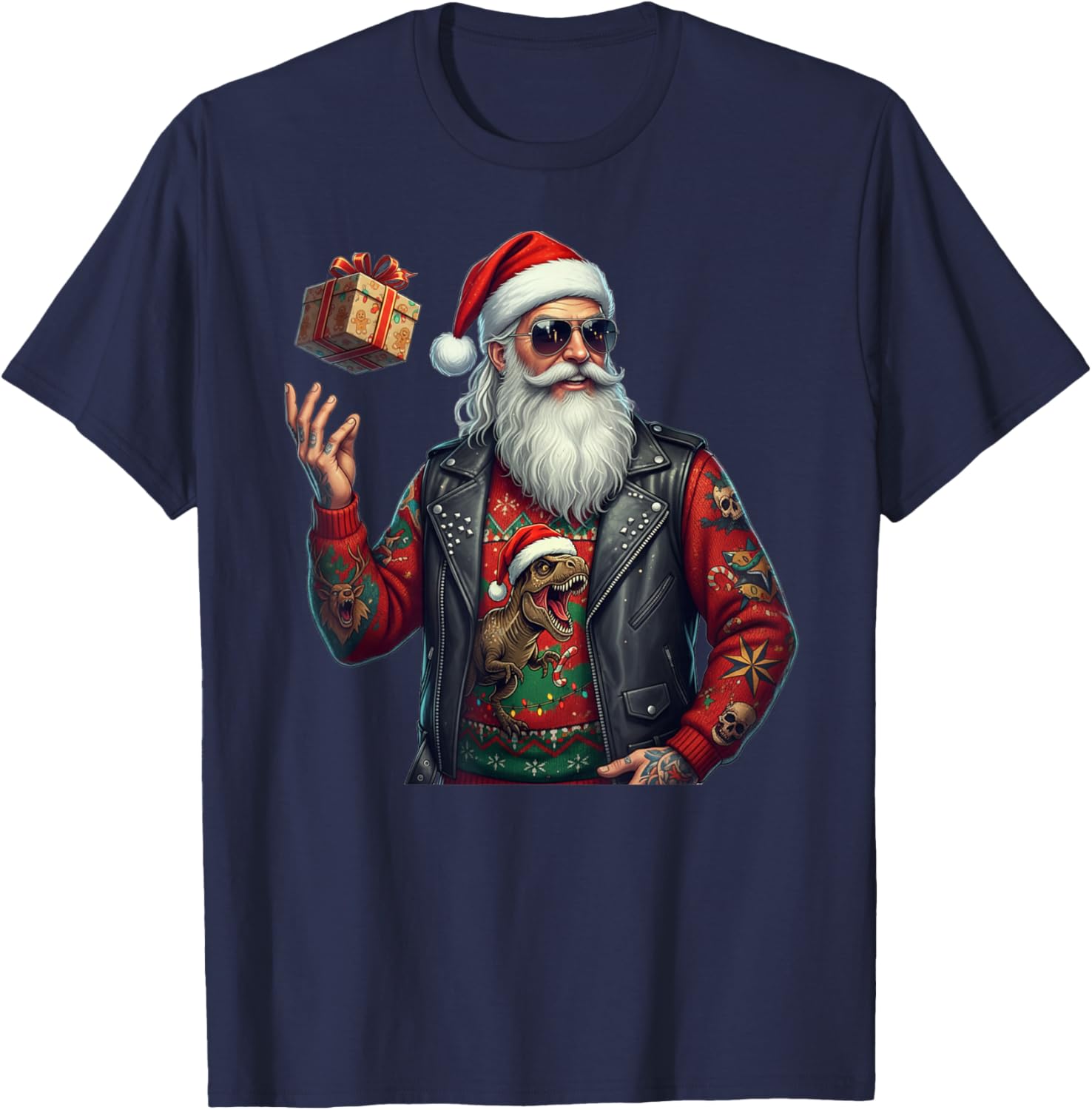 Cool Santa with Christmas Jumper T-Rex Funny Festive Pattern T-Shirt - T-Shirt | Navy
