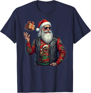 Cool Santa with Christmas Jumper T-Rex Funny Festive Pattern T-Shirt - T-Shirt | Navy
