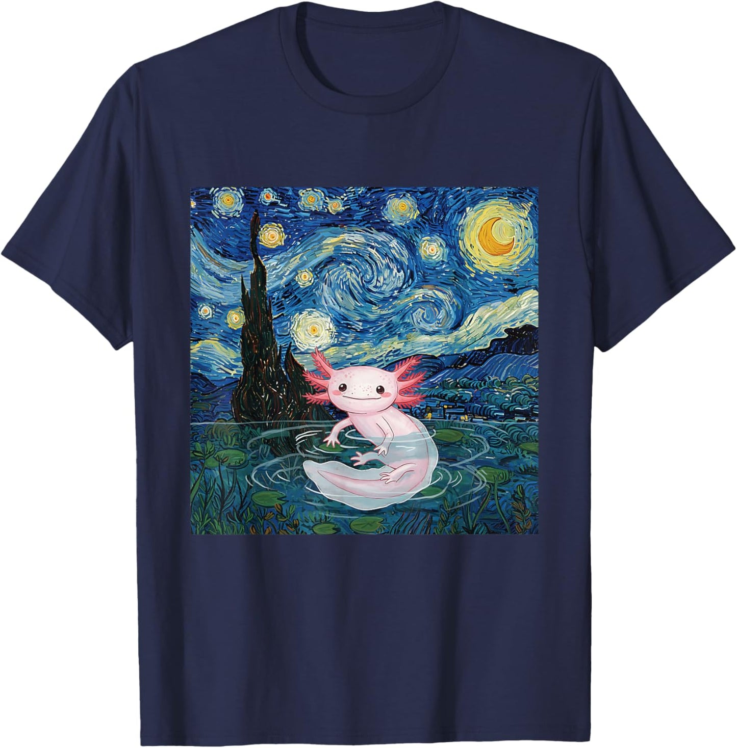 Playful Axolotl Kawaii Van Gogh Style Starry Night Graphic T-Shirt - T-Shirt | Navy
