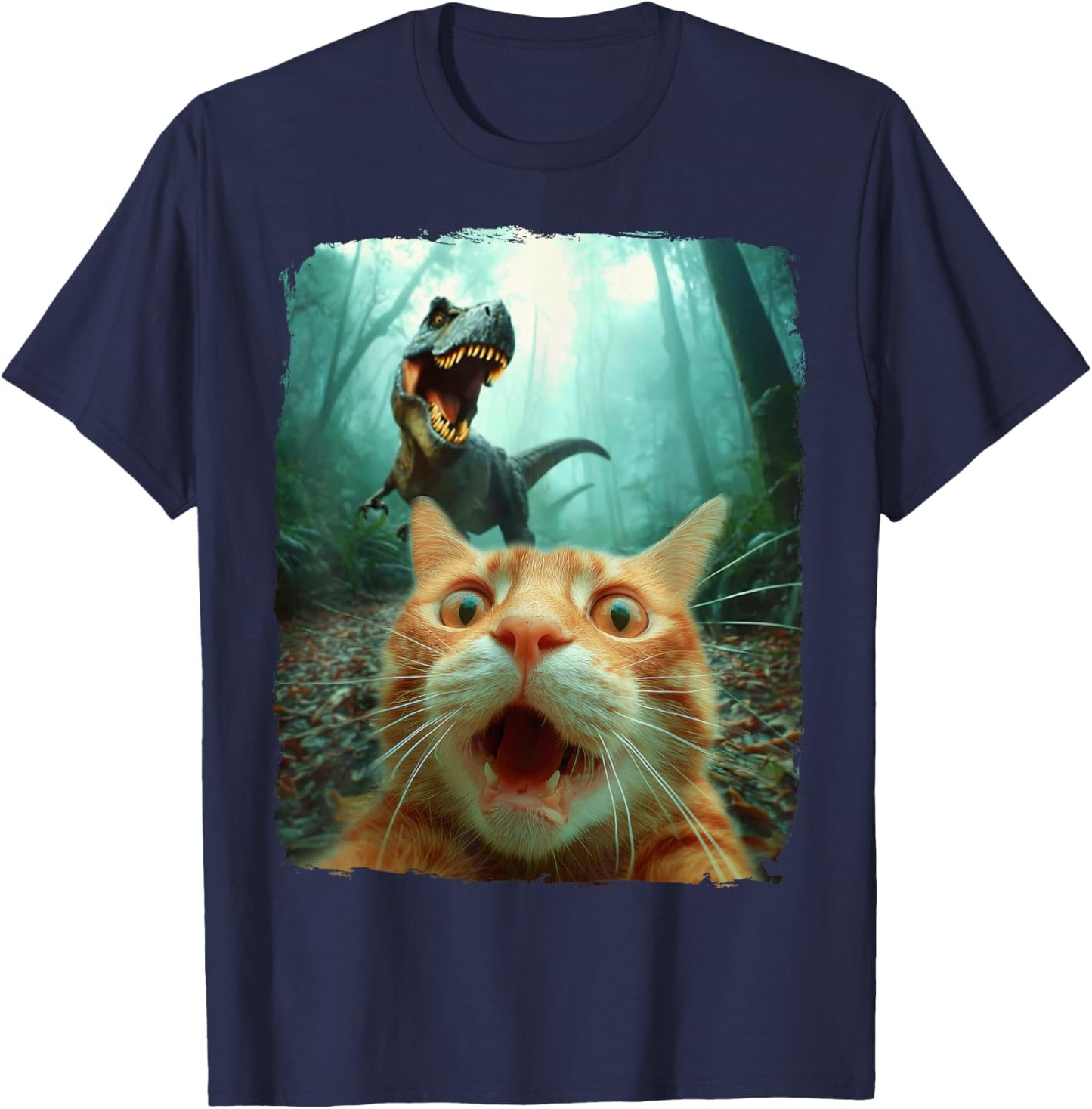 Cat Selfie with Dino T-Rex Dinosaur Humor Men Women Kids T-Shirt - T-Shirt | Navy