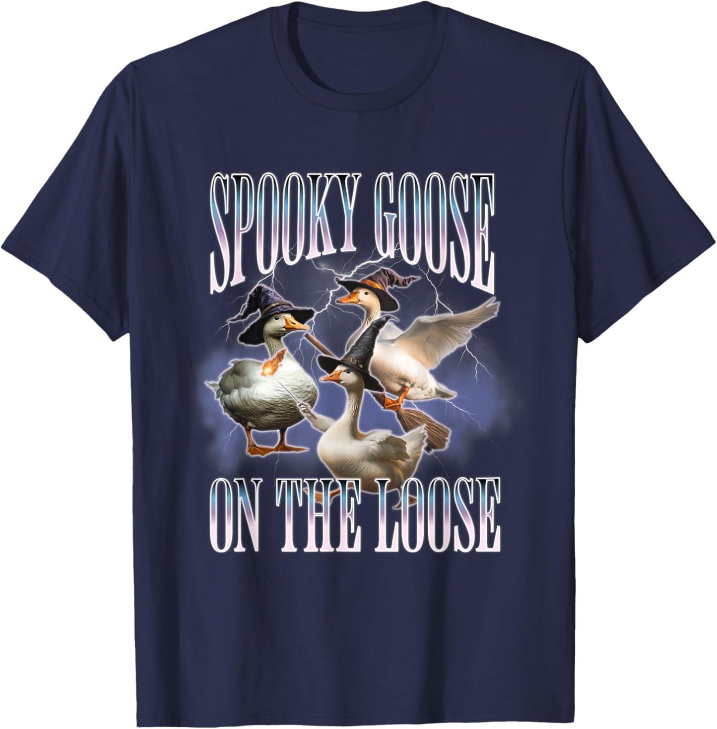 Spooky Goose On The Loose Silly Goose Meme Retro Halloween T-Shirt - T-Shirt | Navy