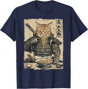 Samurai Cat Loves Ramen Funny Anime Japanese Artwork Samurai T-Shirt - T-Shirt | Navy