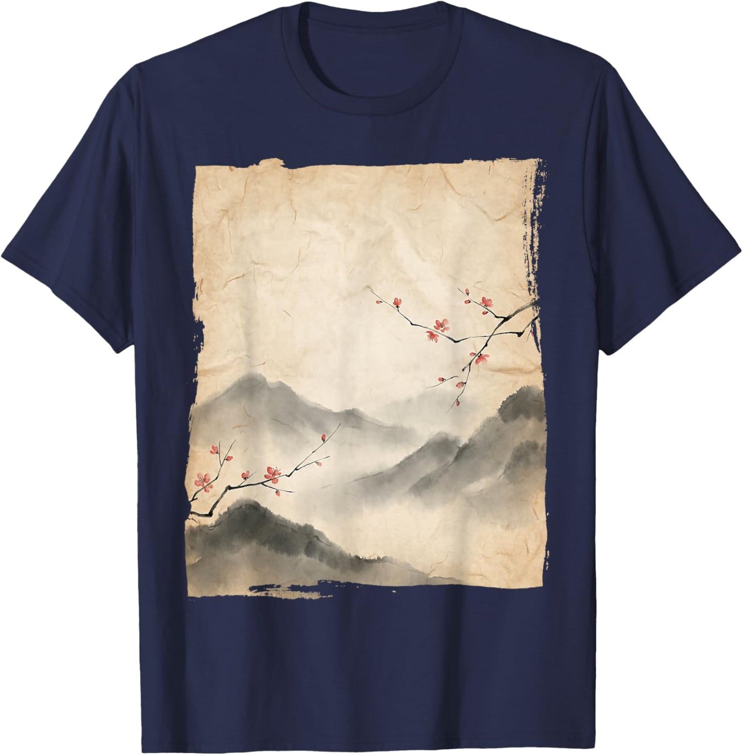 Sakura Blossom Branches Japanese Ink Painting Art T-Shirt - T-Shirt | Navy