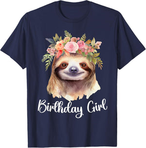 Cute Sloth with Flowers for the Birthday Girl Women Toddlers T-Shirt - T-Shirt | Navy