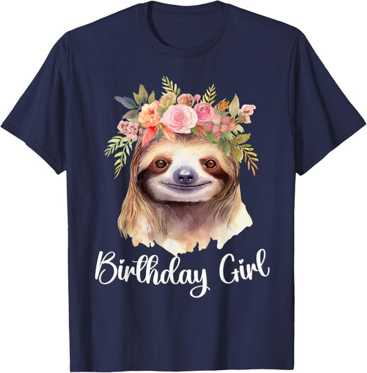 Cute Sloth with Flowers for the Birthday Girl Women Toddlers T-Shirt - T-Shirt | Navy