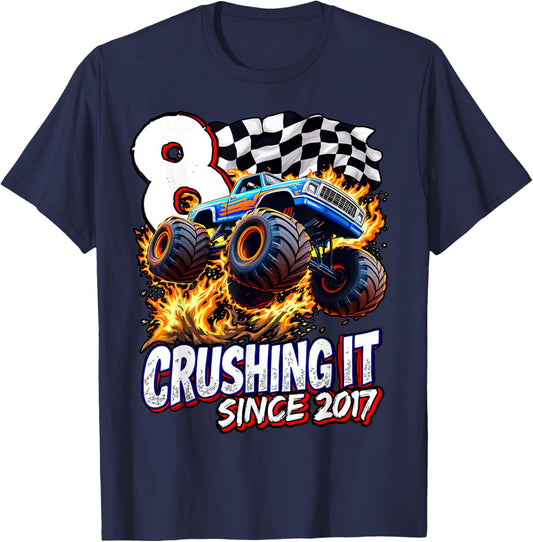 Birthday Monster Truck 8 year Old Boys 8th Party Born 2017 T-Shirt - T-Shirt | Navy