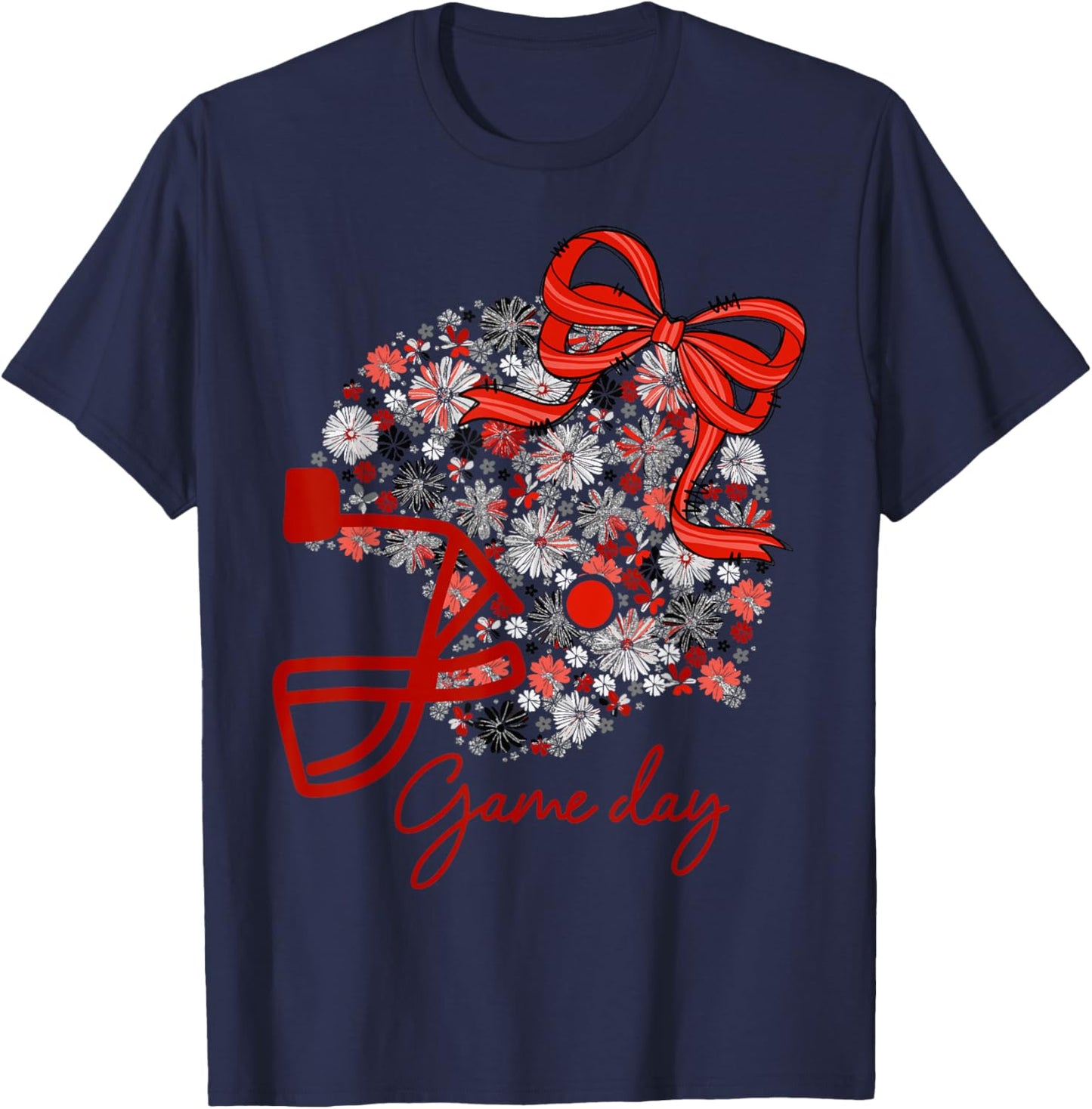 Floral Football Game Day Girly Team Spirit Black Red & White T-Shirt - T-Shirt | Navy